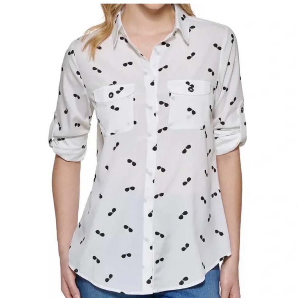 Karl Lagerfeld White Black Sunglasses Roll Tab Sleeve Button Up Collar Blouse M